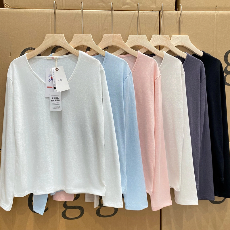 【egg麻棉打底衫】韩系鸡蛋家新款简约时尚女纯色圆领长袖T恤休闲