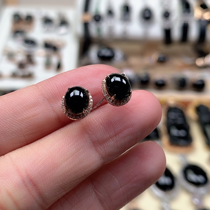 【闪购商品】翡翠耳钉18K金镶嵌墨翠