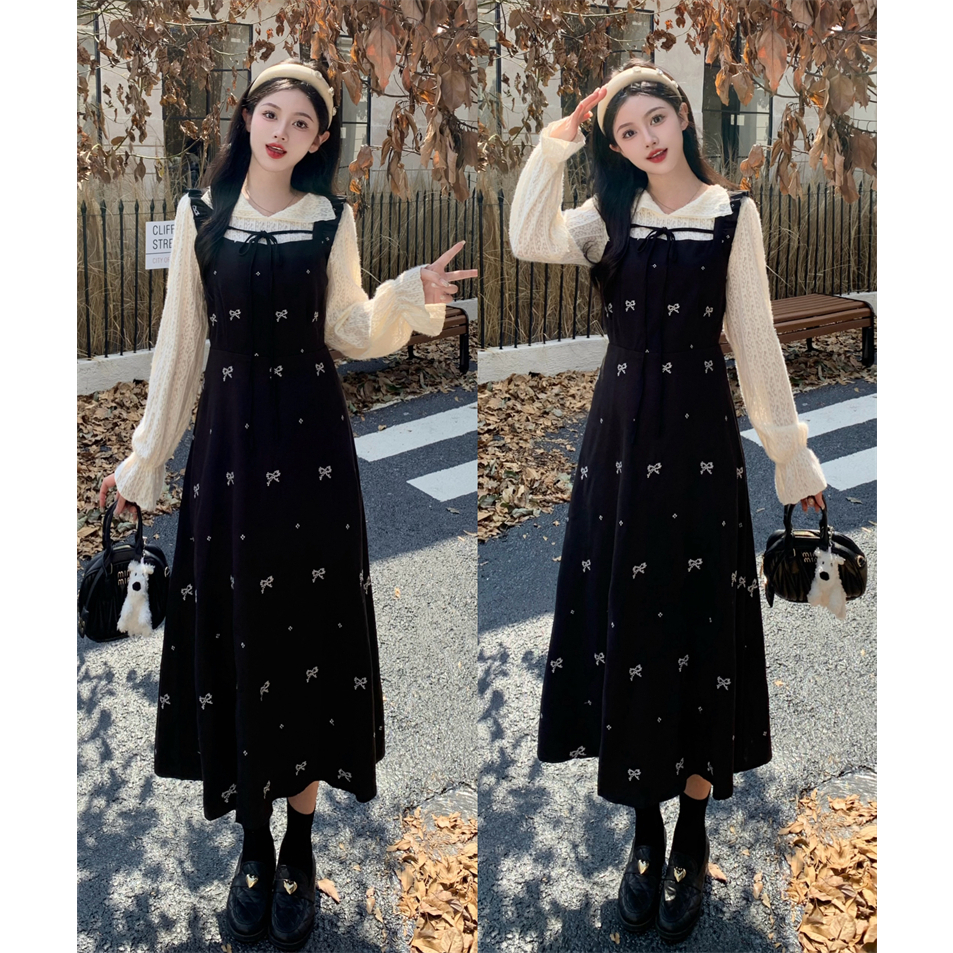 大码秋装新款胖MM蕾丝衫搭吊带连衣裙法式桔梗两件套装