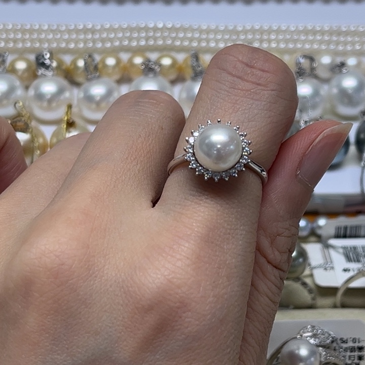 海水珍珠戒指银S925镶嵌8-9mm 97号