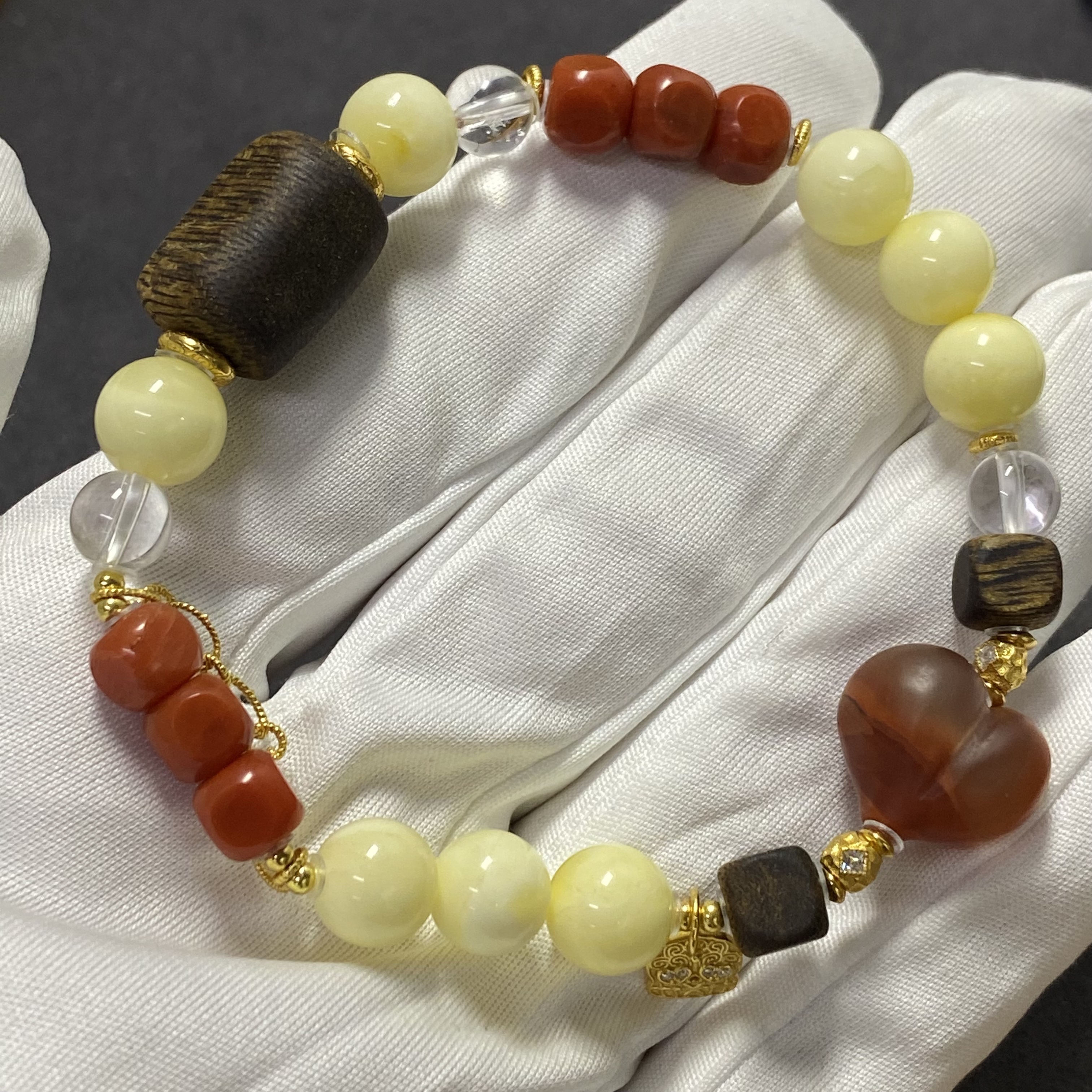 沉香【亿轩珠宝】QS1517白蜡沉香单圈手串diy南红屁桃6-8mm+