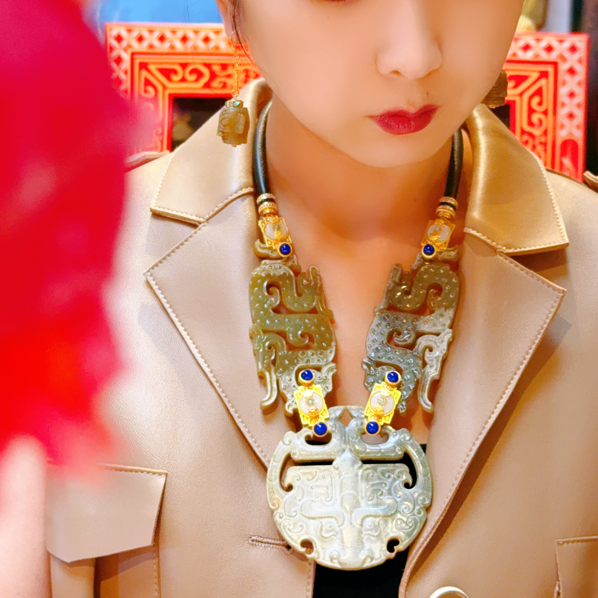 【玺儿珠宝】原创设计复古和田玉双龙玉佩组佩高级大气项链