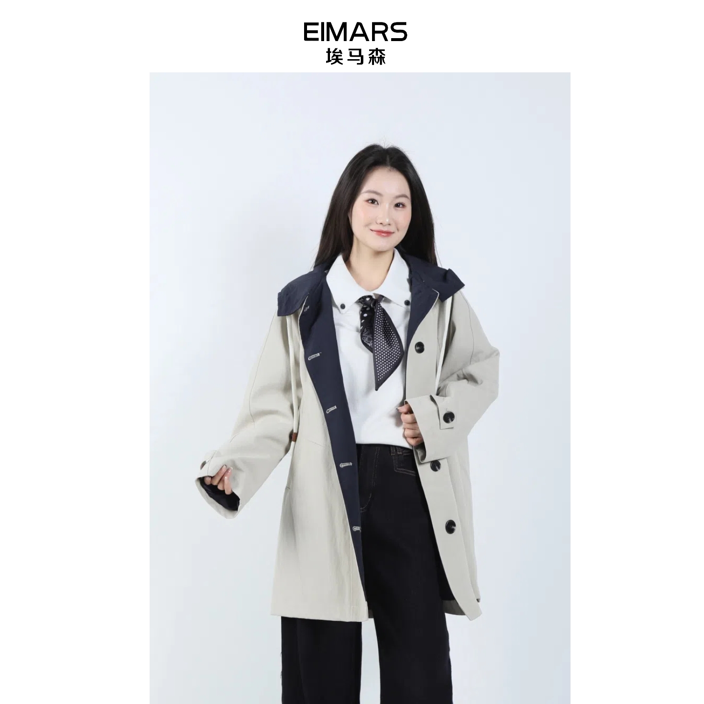 EIMARS埃马森秋季韩版拼接抽绳宽松连帽中长款外套21244006