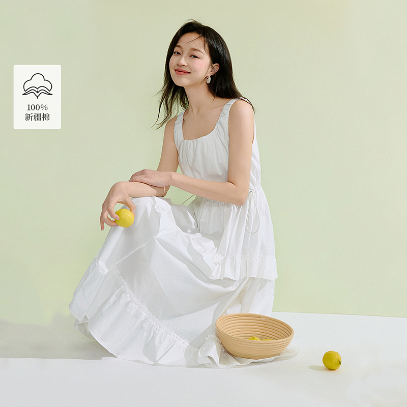 【欧若假日风】茵曼夏季法式荷叶白色连衣裙方领收腰显瘦气质长裙子