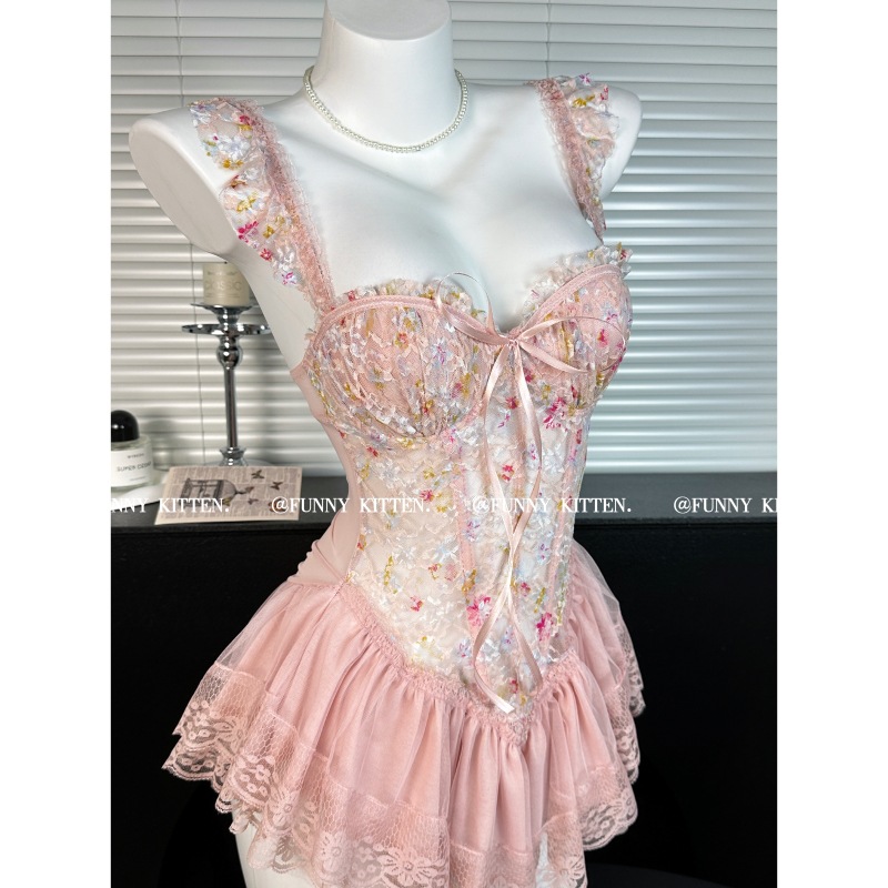 少女性感碎花连体睡裙甜美气质休闲带花边睡衣