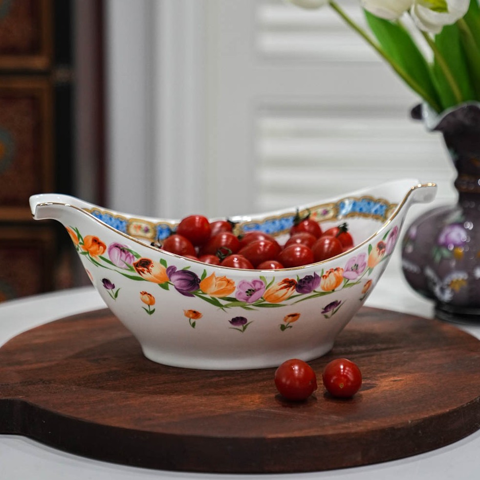 【奇居巍】强化瓷郁金香描金边12寸元宝双耳果碗#W042