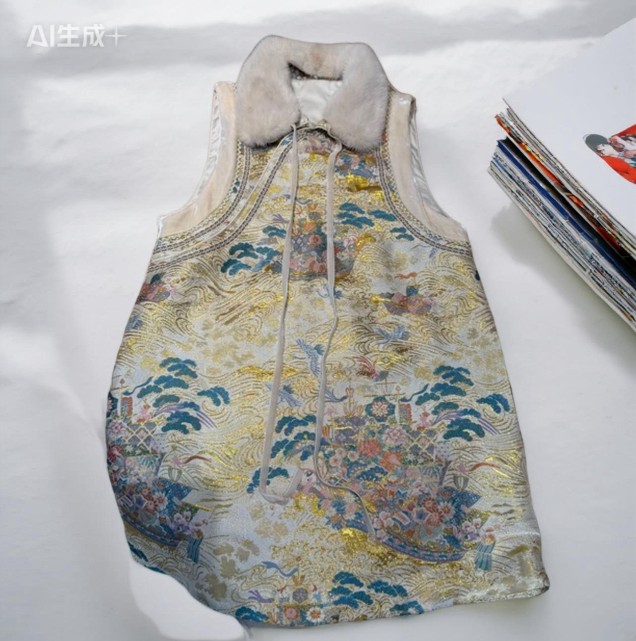 5976《水墨画》貂毛拼接领重工国服新中式马甲裙国风