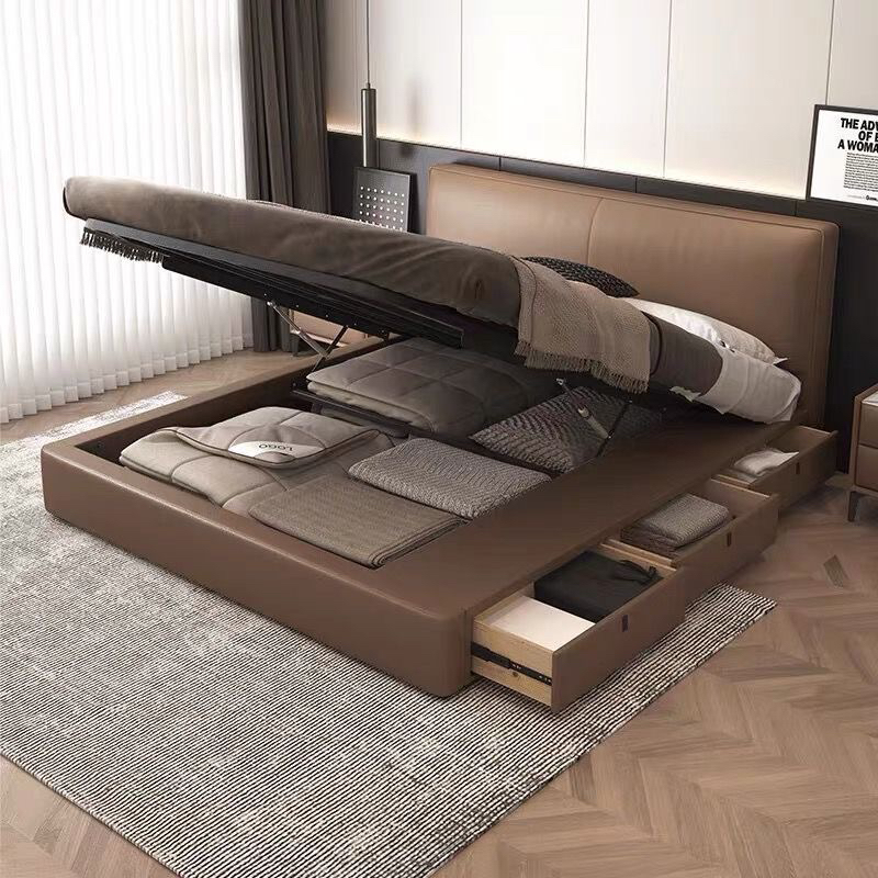 超薄床头总长2.1米次卧真皮床现代简约1米8极简小户型齐边储物床