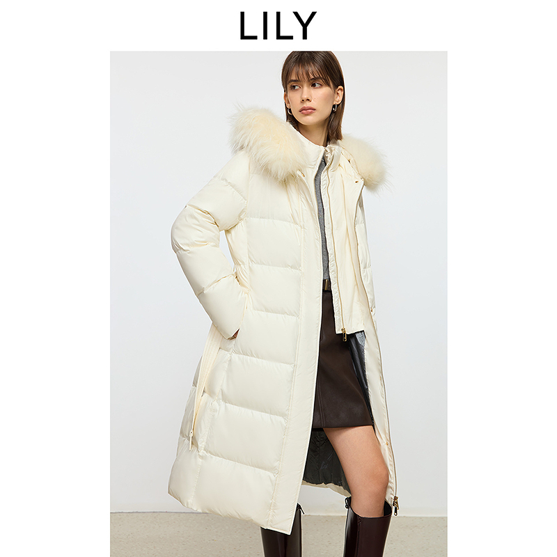 LILY2025冬新款貉子毛领90鸭绒通勤羽绒服外套女长款125449DD248