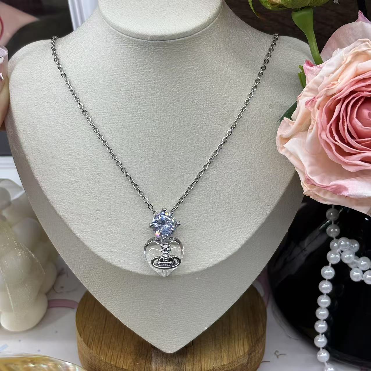 铜合金锆石项链 星球透明爱心项链050