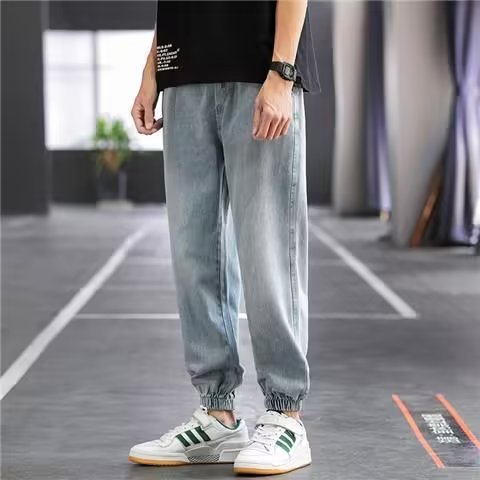 【源头工厂】抽绳牛仔裤男士春夏季薄款束脚九分宽松阔腿潮流休闲裤