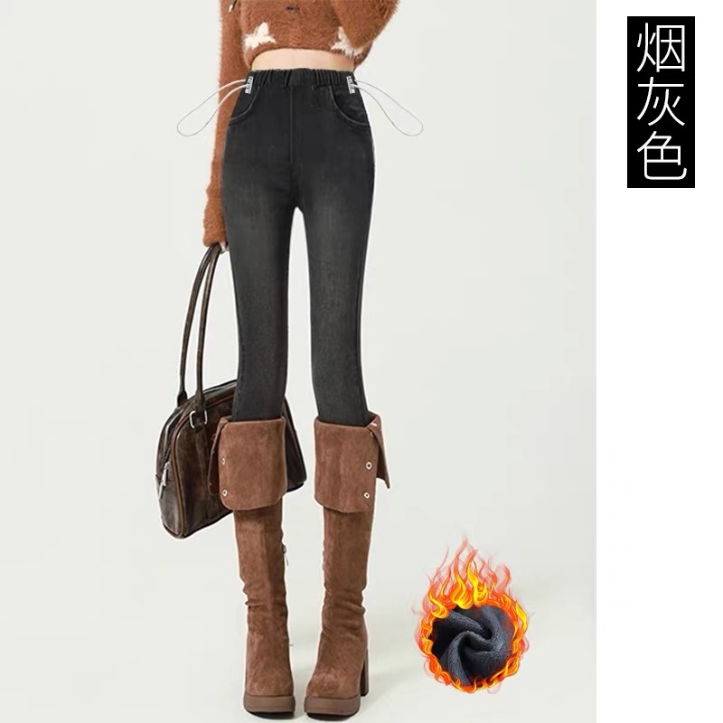 YY019产前产后孕妇烟灰色加绒小脚牛仔裤