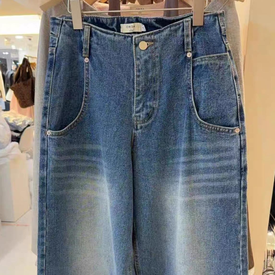 韩国拆包斜插大口袋宽松高腰阔腿牛仔裤