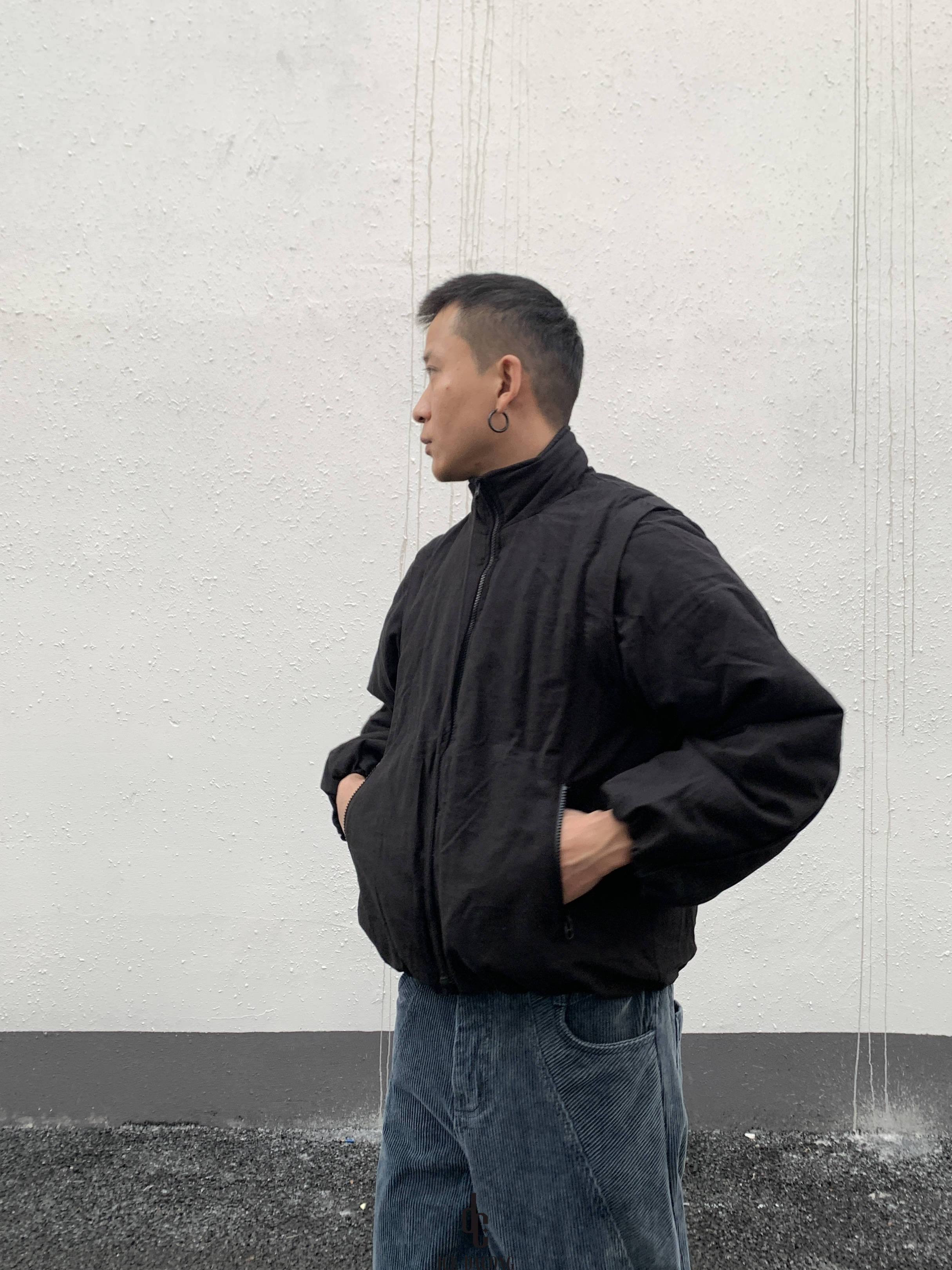 大葱美式复古立领短宽教练夹克棉服男冬季可脱卸袖通勤外套棉袄潮