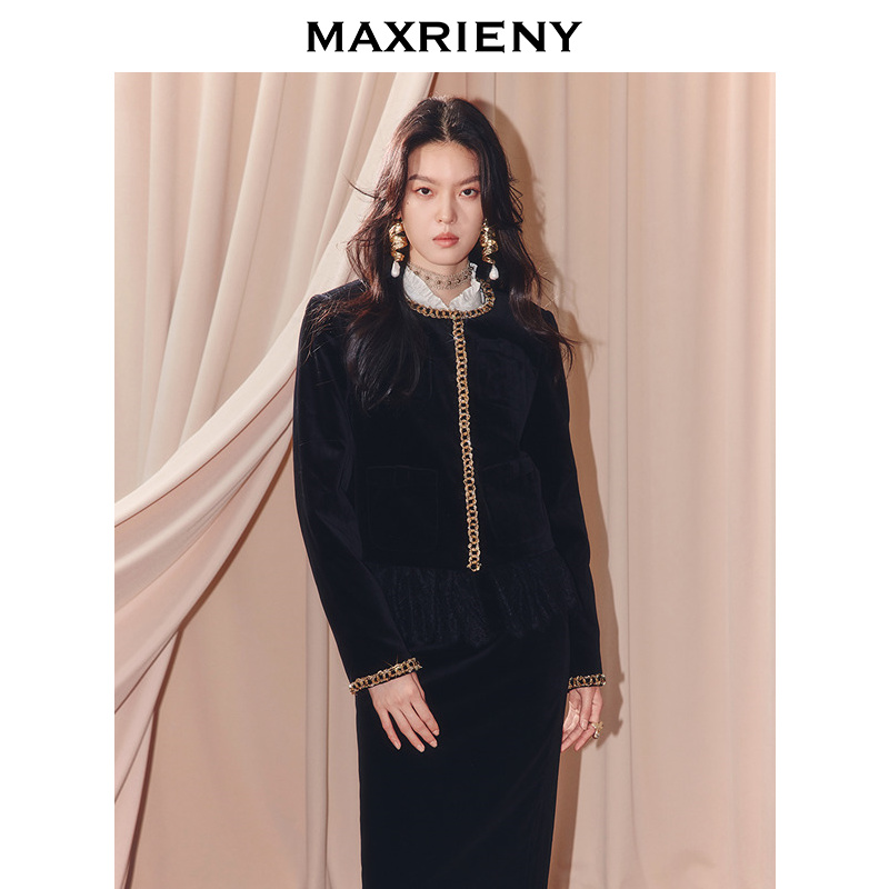 【KK专属】MAXRIENY宫廷奢华丝绒钻链箱型短外套女25秋款名媛小香风