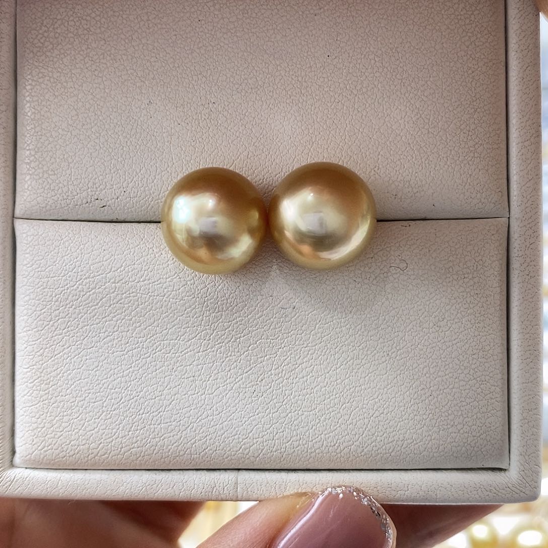 海水珍珠耳饰18K金镶嵌南洋金珠11-12m m