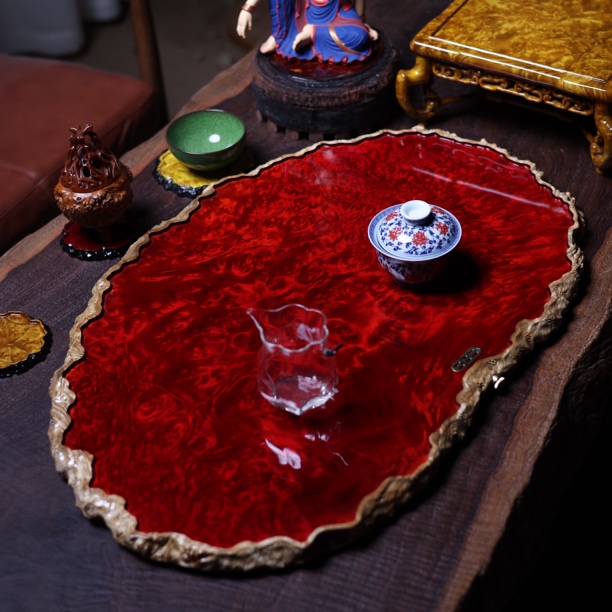 70-44-2.5 缅甸黄金樟干泡茶盘家用缅花满榴花茶具整块实木托盘