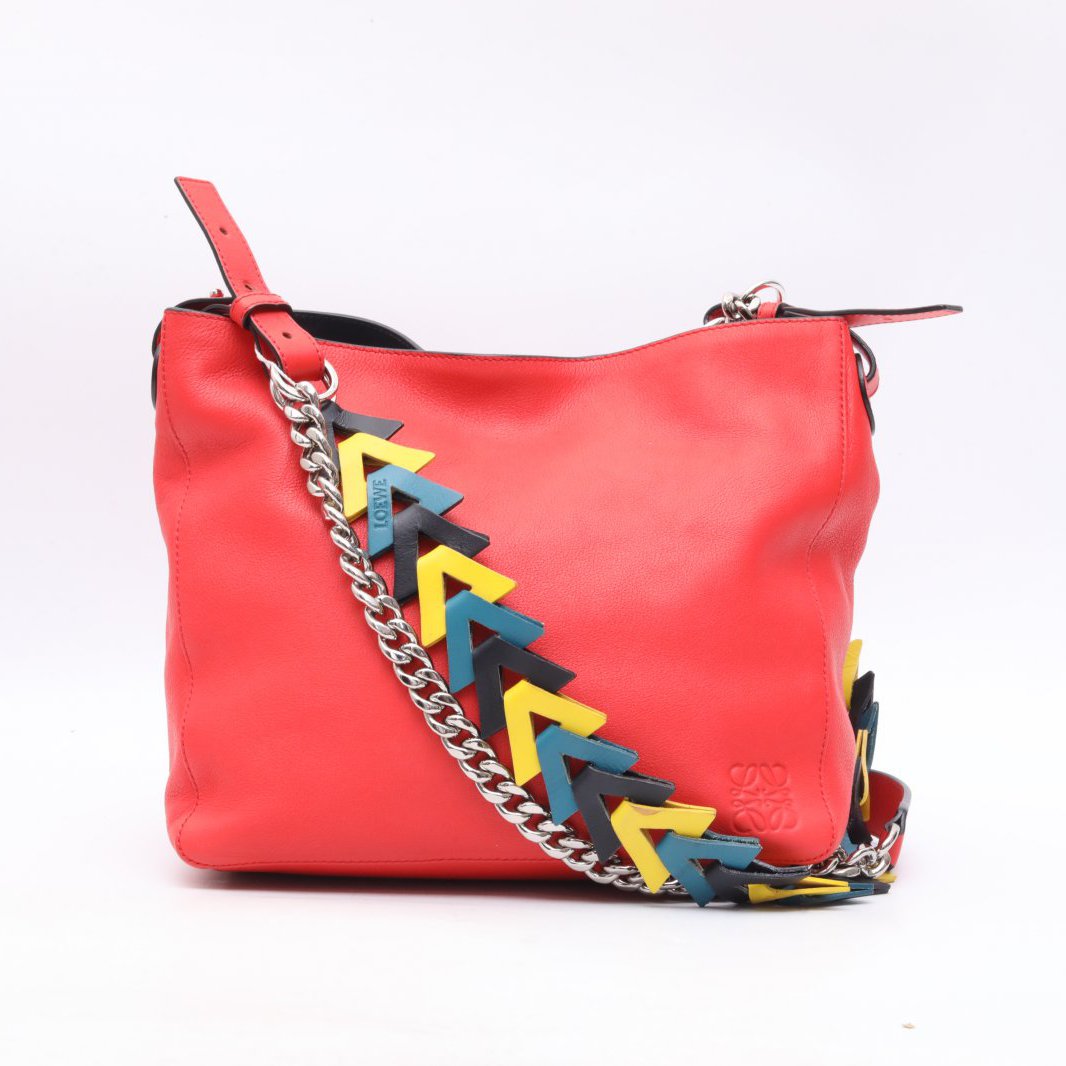 99新 LOEWE/罗意威 -100活动小花攀攀 红色 皮革C 银扣 水桶 包
