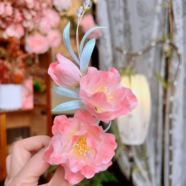 锦簪阁（露下亭）粉色蚕丝绒花纯铜高保色绒花烫平设计非遗工艺