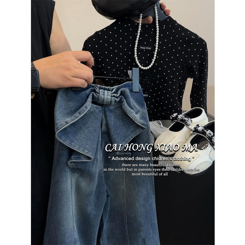 女童春装2025新款洋气时髦韩版套装波点长袖上衣蝴蝶结牛仔裤