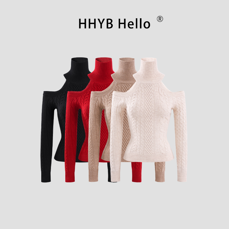 HHYB Hello黑色高领气质名媛辣妹镂空高级感露肩针织上女M1705