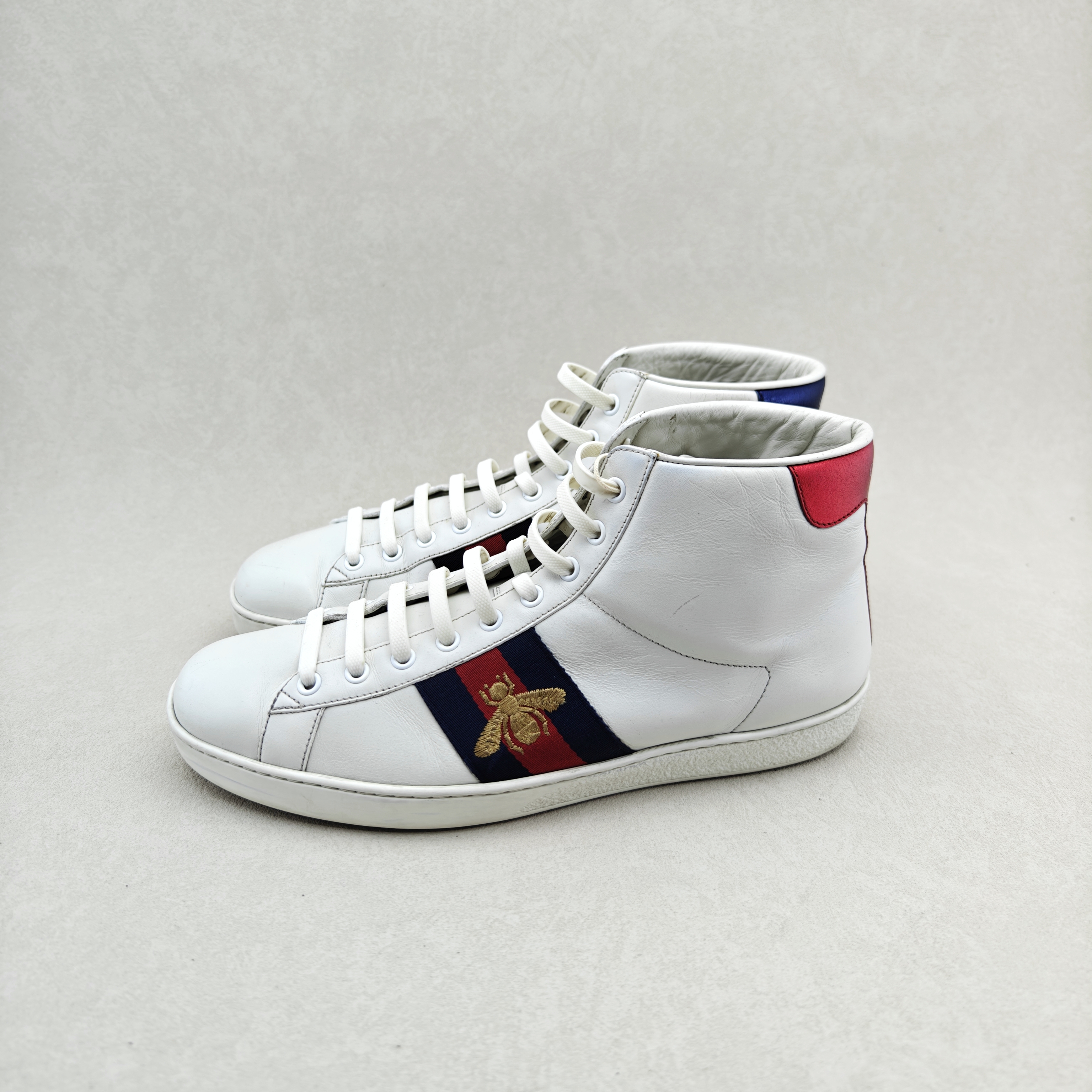 95新 GUCCI/古驰 42.5码/经典款小蜜蜂刺绣红蓝织带高帮板鞋/无盒