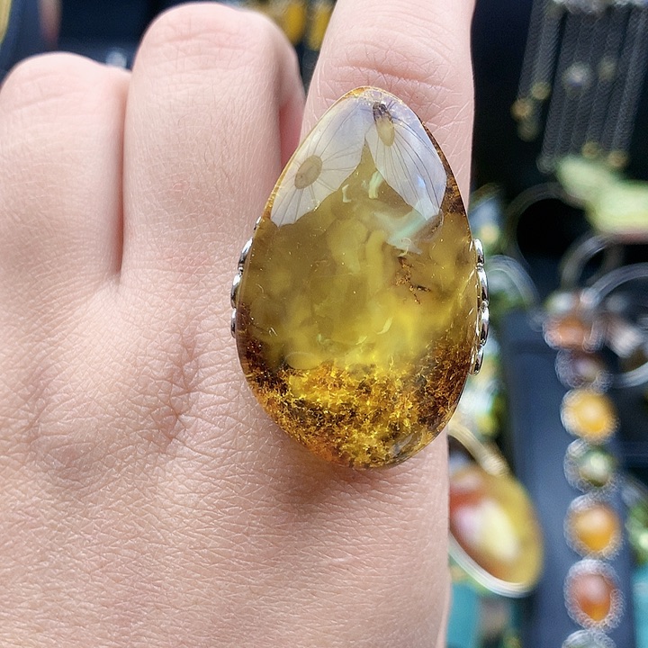 琥珀裸石银S925镶嵌戒指