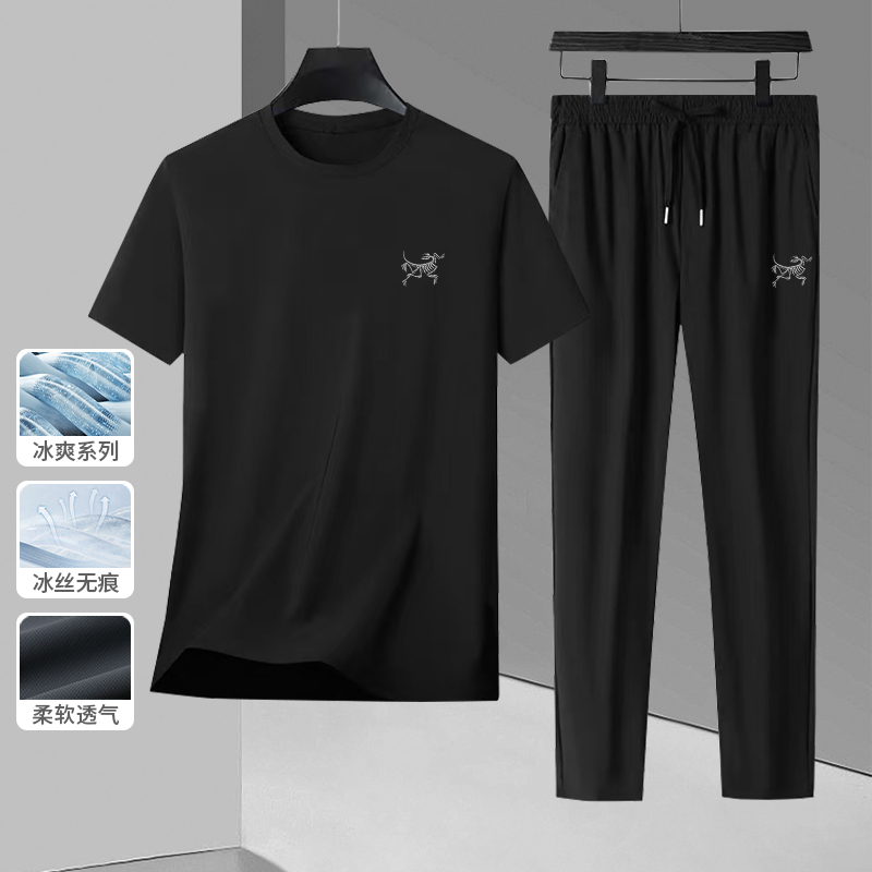 夏季长裤子男T恤休闲运动套装薄款户外圆领短袖搭配凉感卫裤夏装