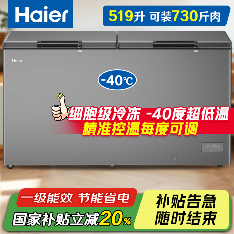 海尔冰柜519升零下-40度电子控温商用大容量海鲜冷冻柜双开门冷柜