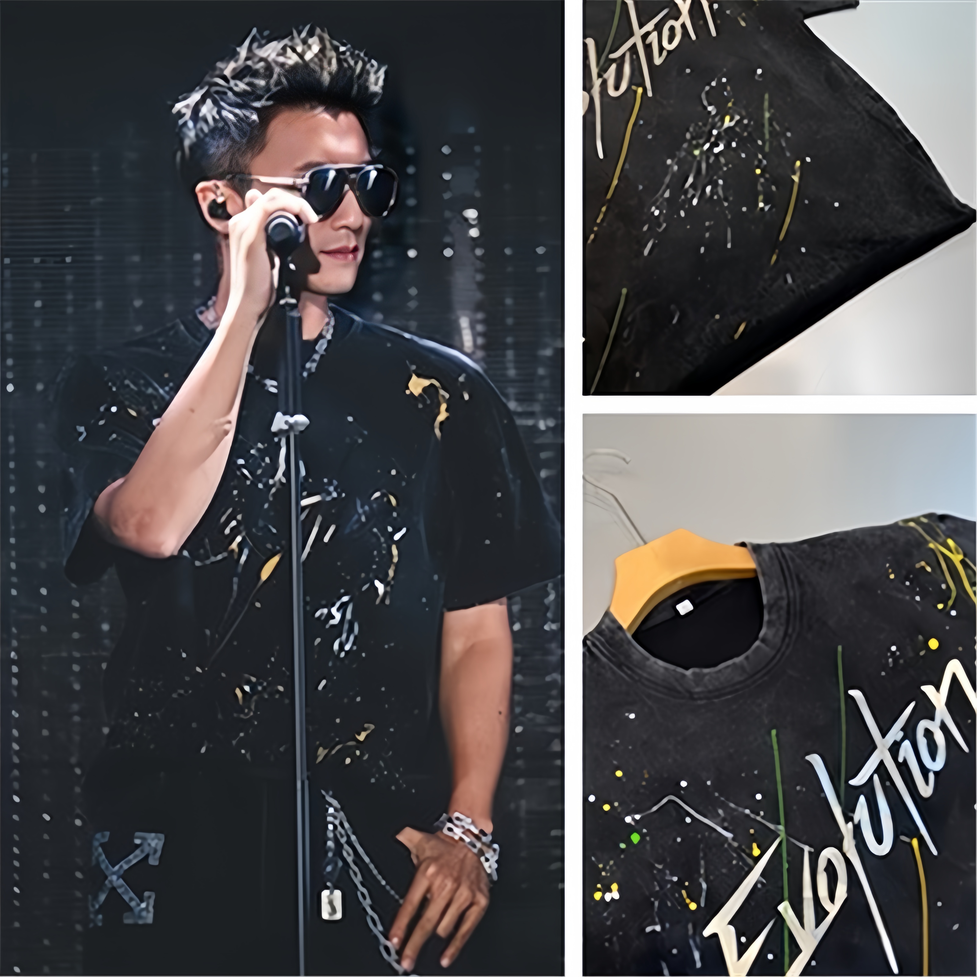 谢霆锋演唱会同款广州反光涂鸦做旧短袖t恤洗水做旧evolution上衣