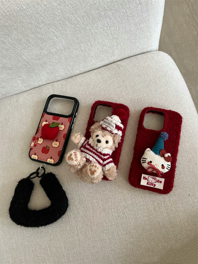 ins秋冬绒布红格苹果达菲熊适用iPhone17promax手机壳16pro手提15