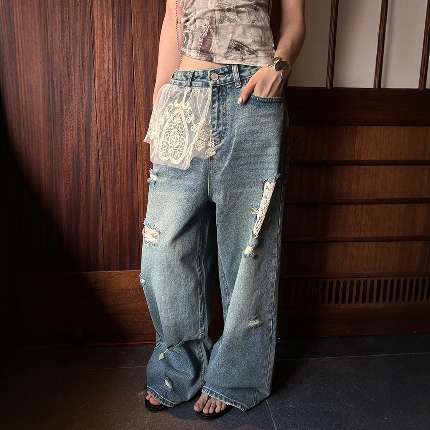 现货【蕾丝拼接牛仔裤】设计师品牌立体剪裁破洞牛仔裤阔腿长裤女