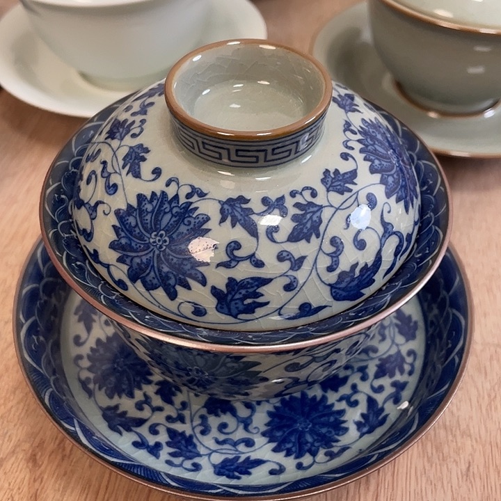 杯老淘泥高足缠枝莲元宝盖碗微瑕