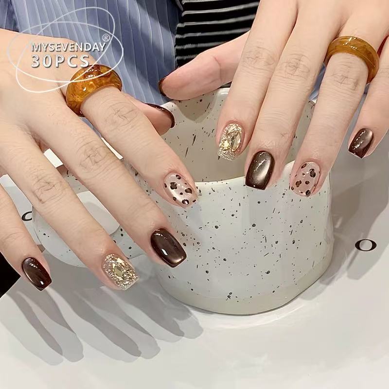 猫眼穿戴甲高级豹纹闪钻手工美甲片某书爆款