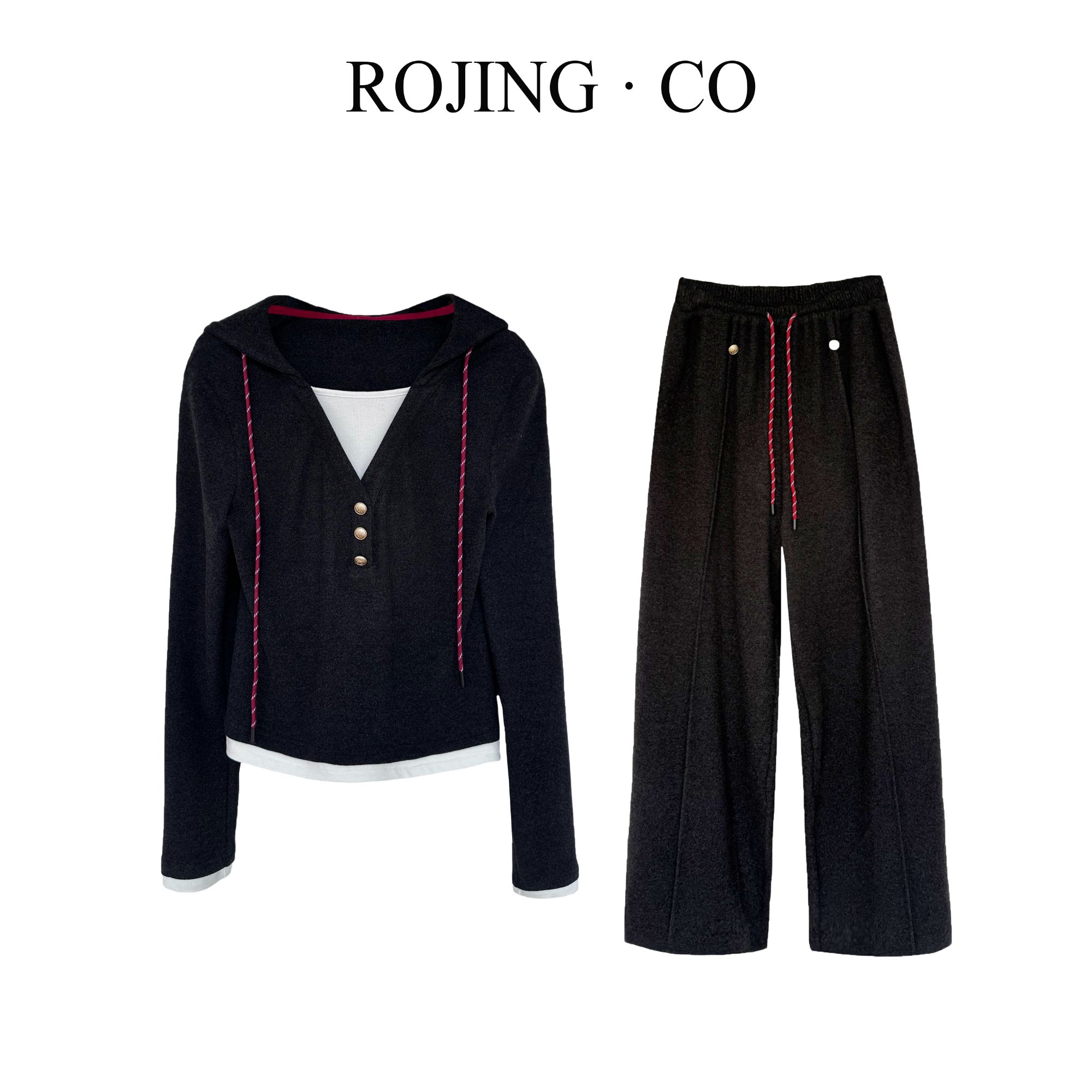 ROJING.CO网红黑色套装秋冬女拼接修身连帽长袖设计气质两件套