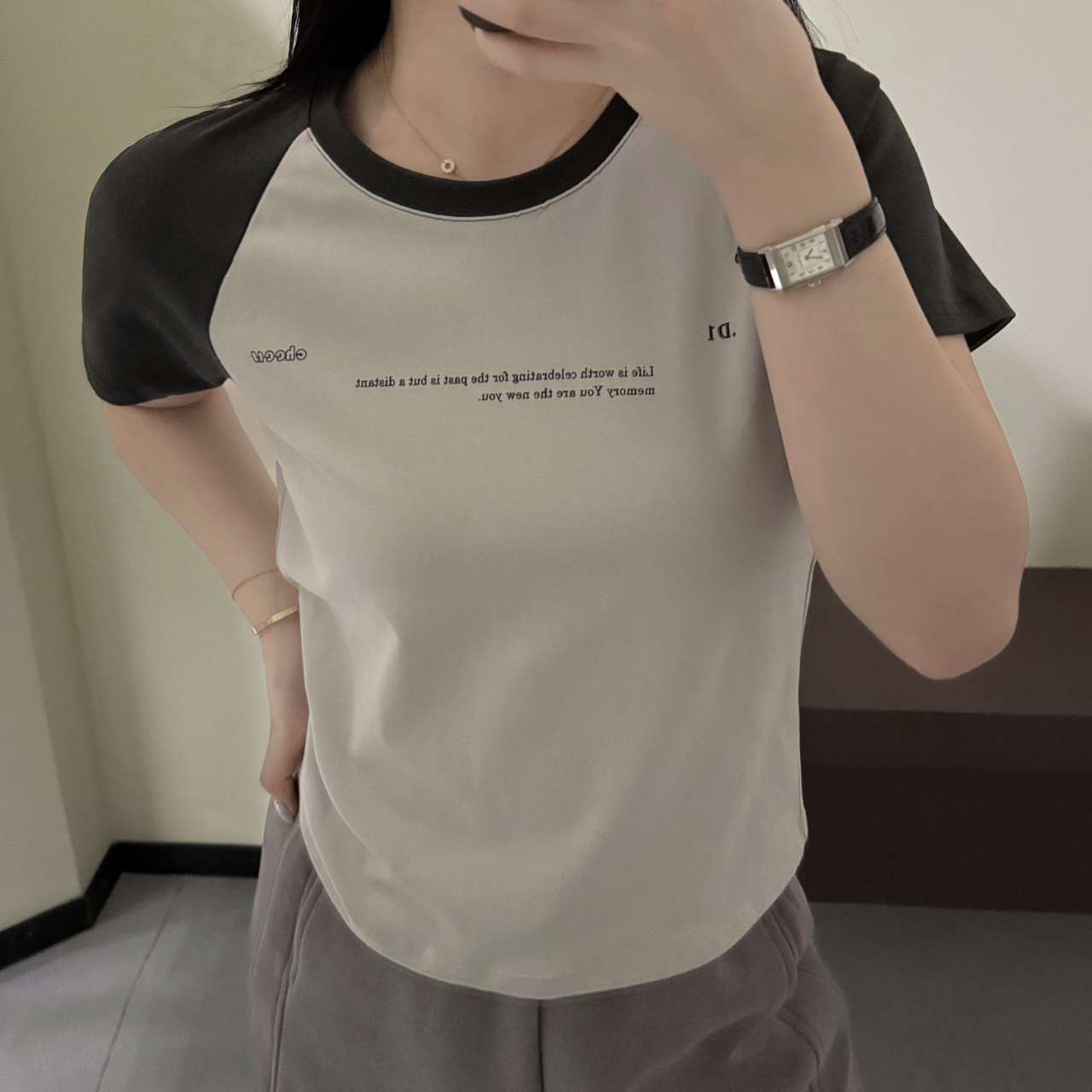 今婷2025夏季新款韩版时尚拼色休闲宽松百搭短袖T恤-M25202416   