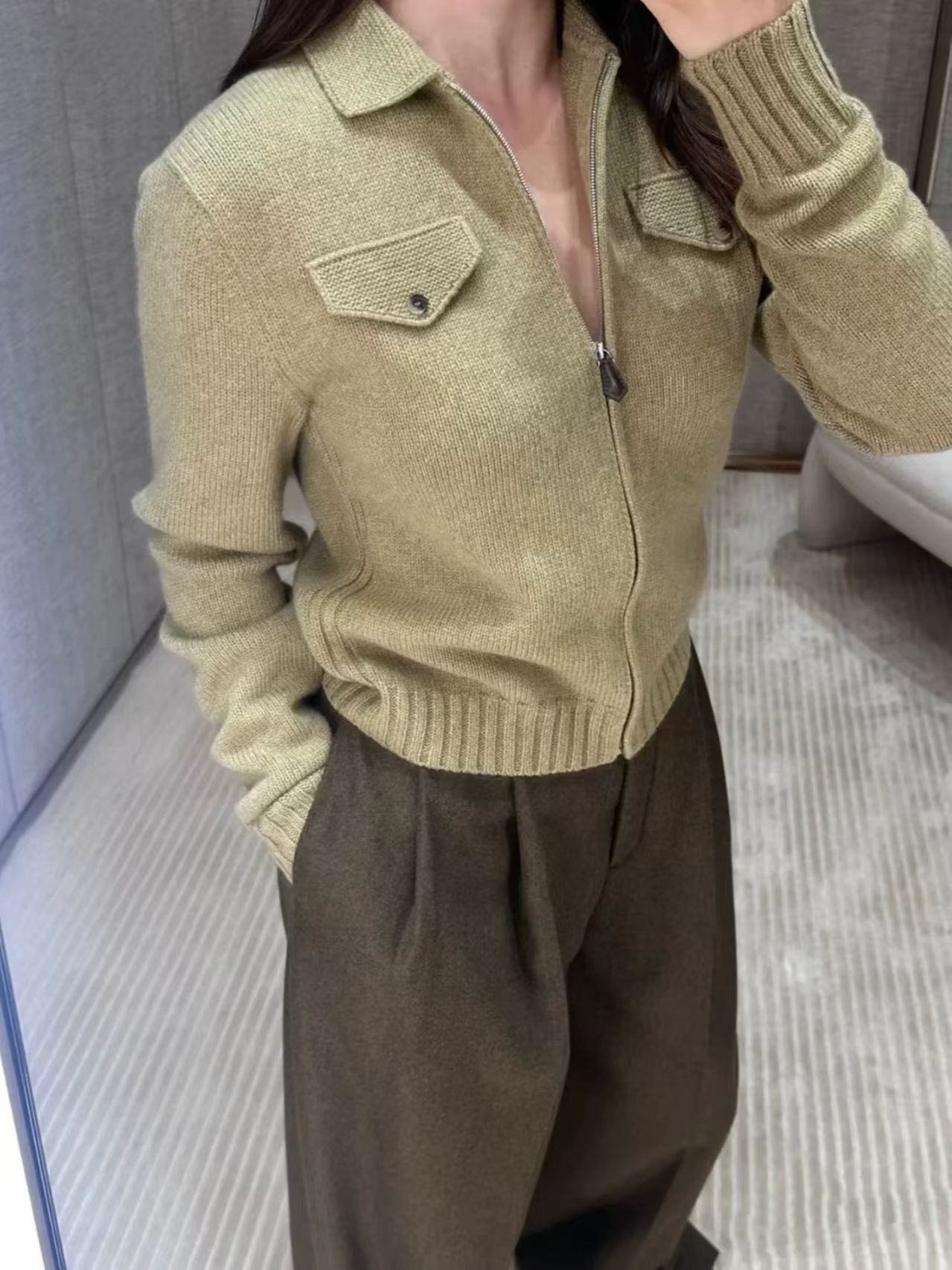 (99+1)羊绒老钱风LP同款PO领长袖外套夹克开衫