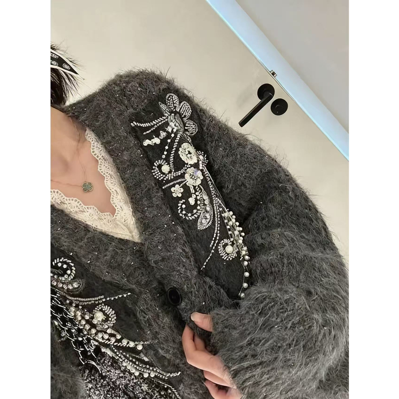 重工亮片设计感串珠厚毛衣外套5125#