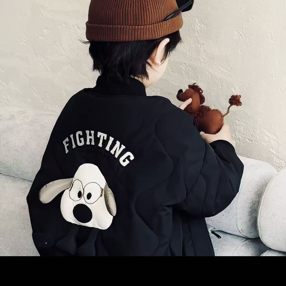 2025冬季新款中小童夹棉外套男童女童卡通小狗公仔棒球服