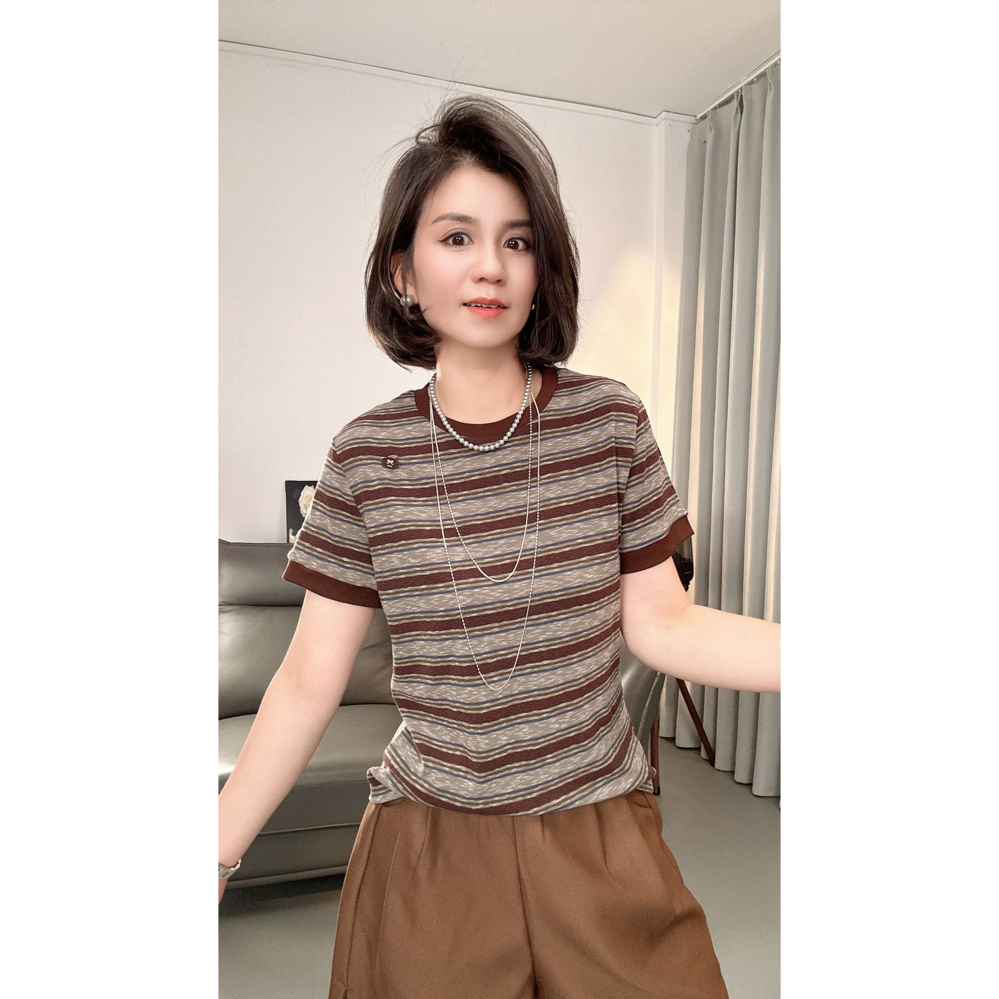 【韩玖薇】秋款圆领撞色条纹休闲T恤短袖时尚高级感百搭【5917】