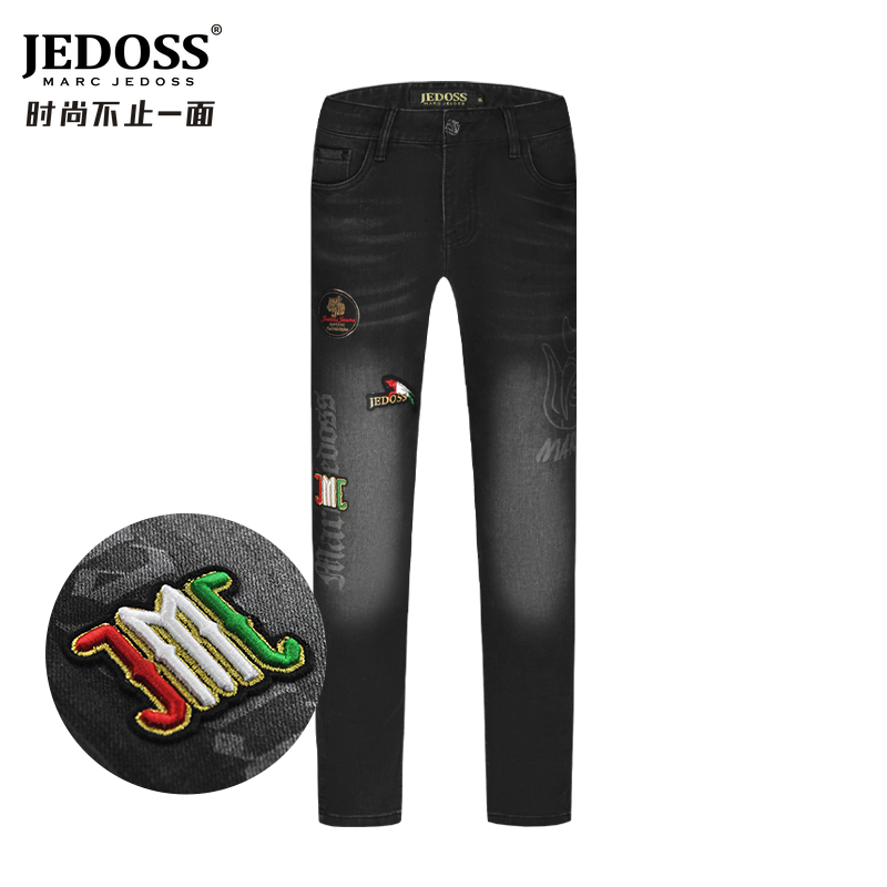 JEDOSS/爵迪斯男装秋冬新款无规则豹子章仔刺绣牛仔裤长裤207