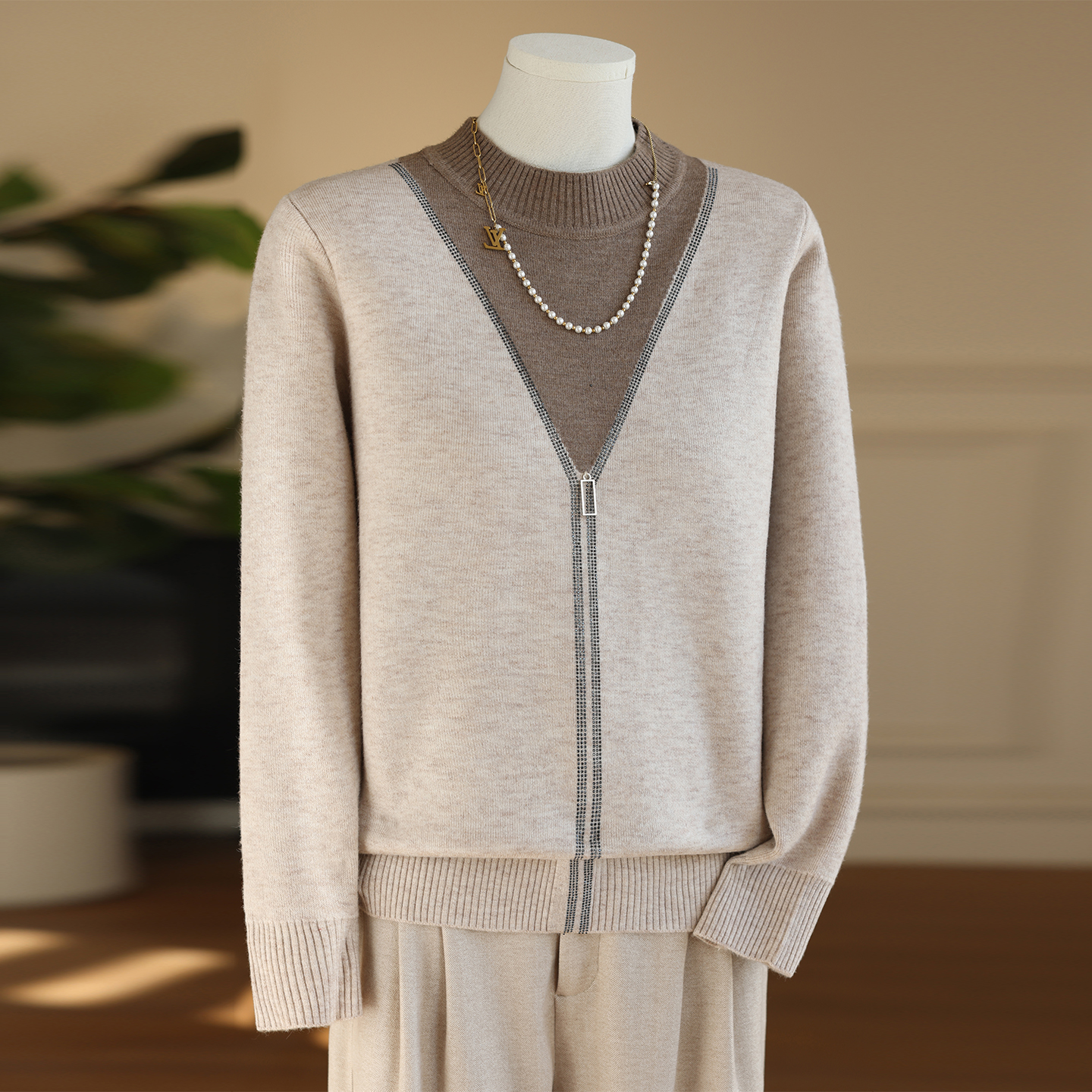 一体绒假两件针织衫女士半高领拼接撞色加绒套头毛衣时尚显瘦上衣