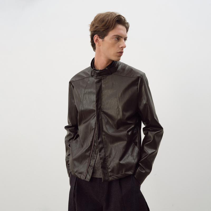 NOT UGLY 25AW 银环金属丝立领分割立体红褐色皮衣vintage夹克