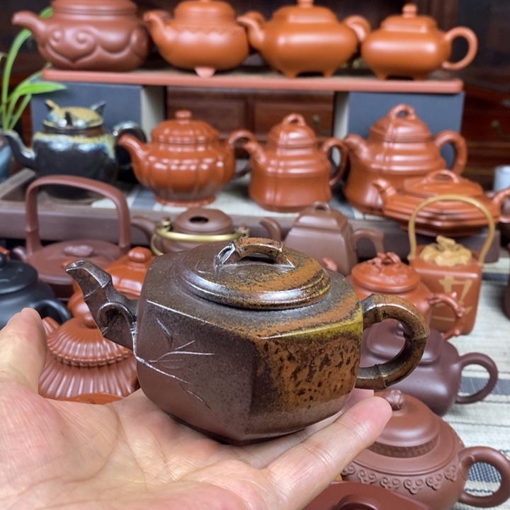 茶壶紫砂六方竹节180cc原矿老紫泥柴烧特价
