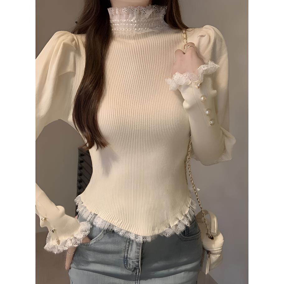 法式半高领泡泡袖蕾丝拼接针织打底衫女秋冬洋气内搭修身长袖上衣