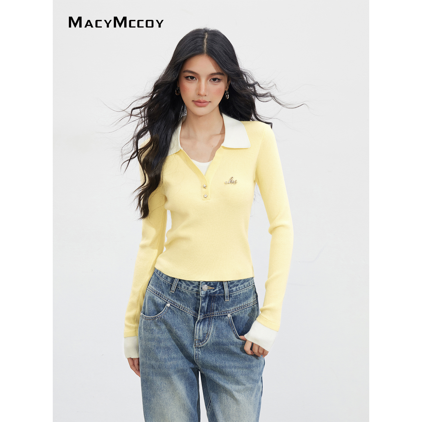 【毛毛专属】MacyMccoy假两件撞色针织上衣女计感高弹力软糯内搭