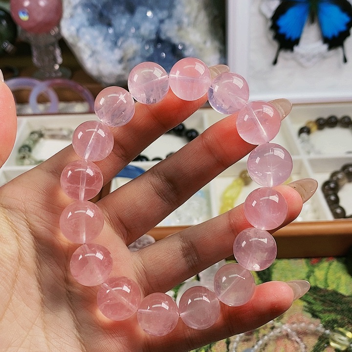 水晶手链未镶嵌天然粉水晶手链14mm