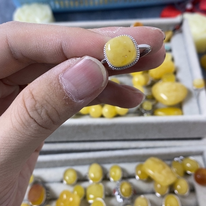 蜜蜡裸石银S925镶嵌戒指