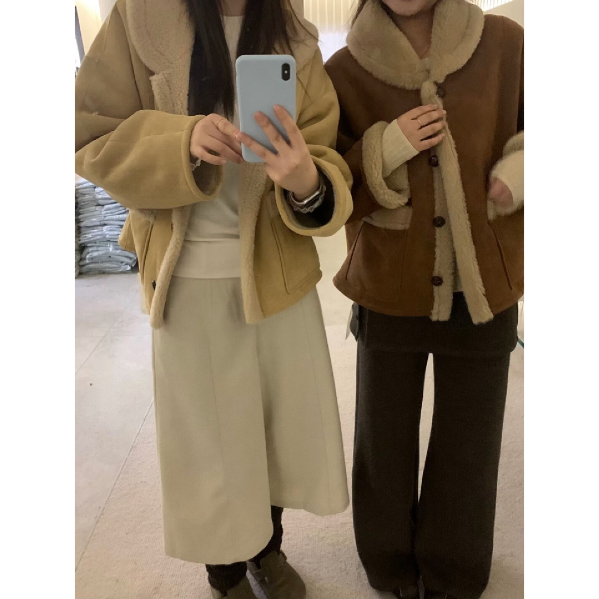 YIJJ 9157 韩系简约翻领冬暖糯加厚保暖麂皮绒皮毛一体毛毛外套女