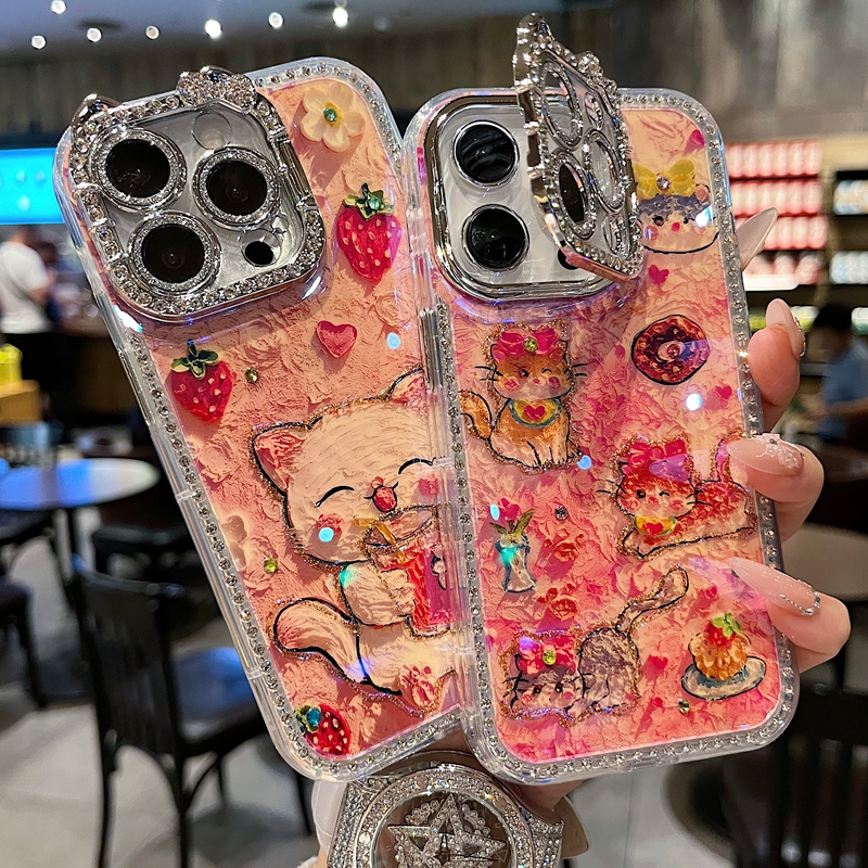 适用苹果系列iPhone16新款手机壳油画草莓猫咪一体支架钻框镜头膜